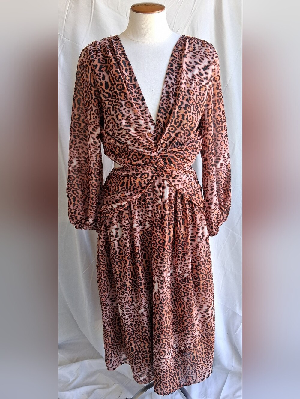Ranna Gill Multi Brown & Black Leopard Print Side Cut Out Dress Sz M NWT